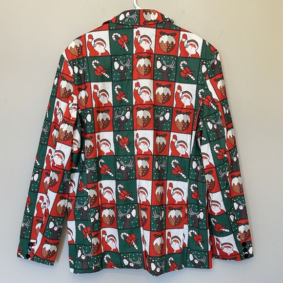 Wisholic Santa Claus Print One Button Blazer Jacket‎ Mens Sz XL Red Green NEW - Picture 2 of 10